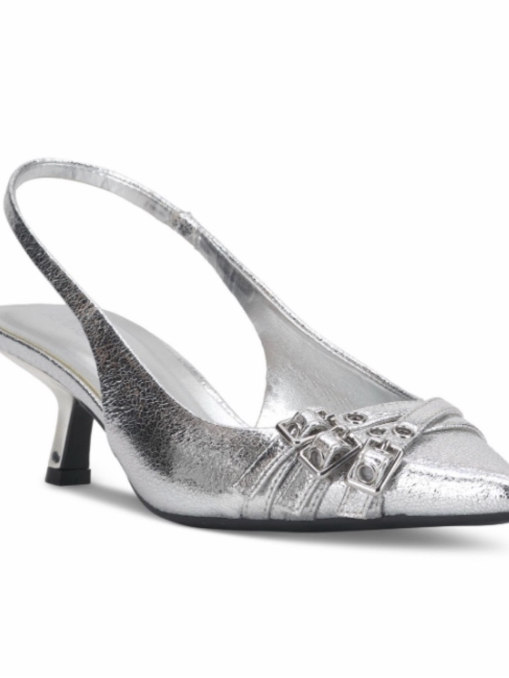 INC International Concepts Silver Pointed Slingback Heels with Buckle Straps